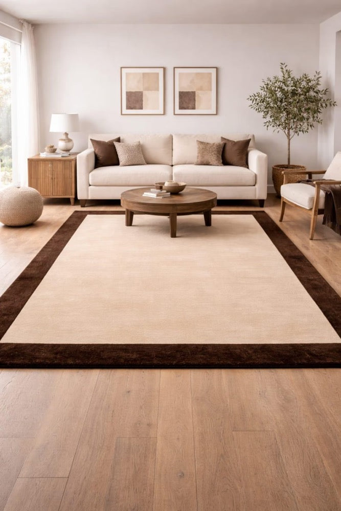8x10 Minimalist Border Rug, Cream Brown Hand Tufted Wool Rug, Modern Neutral Area Rug, Living Room Carpet.