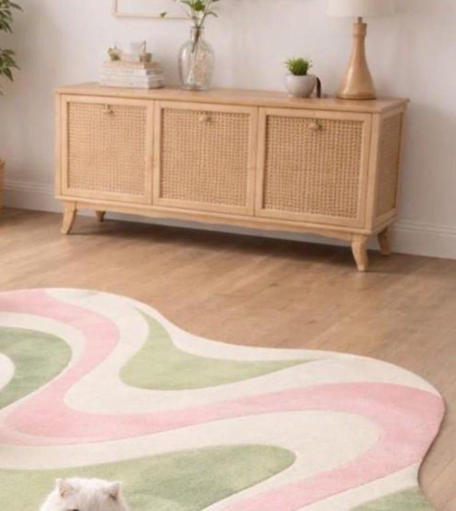 Abstract Wavy Shape Rug, Irregular Pastel Area Rug, Modern Artistic Carpet, Pink Green Cream Rug, Unique Shape Rug, Aesthetic Living Room