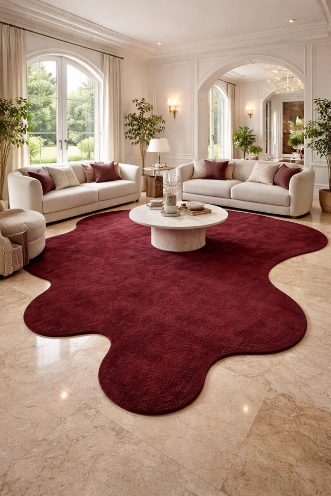 8x10 Irregular Shape Hand Tufted Wool Rug, Burgundy Red Organic Rug, Modern Abstract Area Rug, Statement Living Room Carpet.