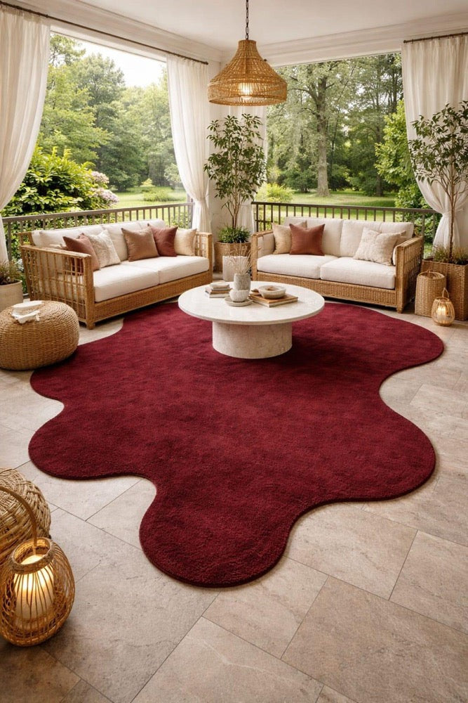 8x10 Irregular Shape Hand Tufted Wool Rug, Burgundy Red Organic Rug, Modern Abstract Area Rug, Statement Living Room Carpet.