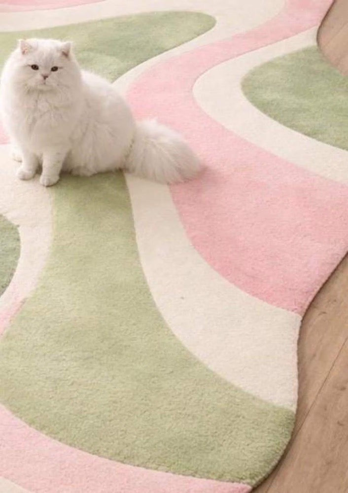 Abstract Wavy Shape Rug, Irregular Pastel Area Rug, Modern Artistic Carpet, Pink Green Cream Rug, Unique Shape Rug, Aesthetic Living Room