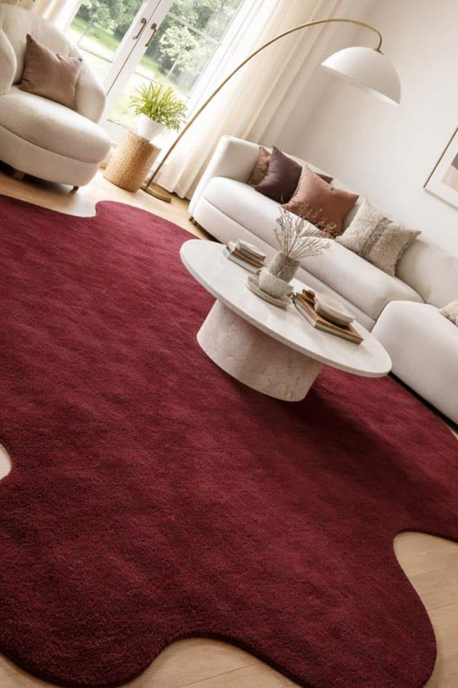 8x10 Irregular Shape Hand Tufted Wool Rug, Burgundy Red Organic Rug, Modern Abstract Area Rug, Statement Living Room Carpet.
