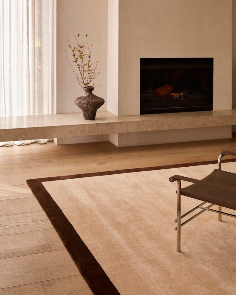 8x10 Minimalist Border Rug, Cream Brown Hand Tufted Wool Rug, Modern Neutral Area Rug, Living Room Carpet.