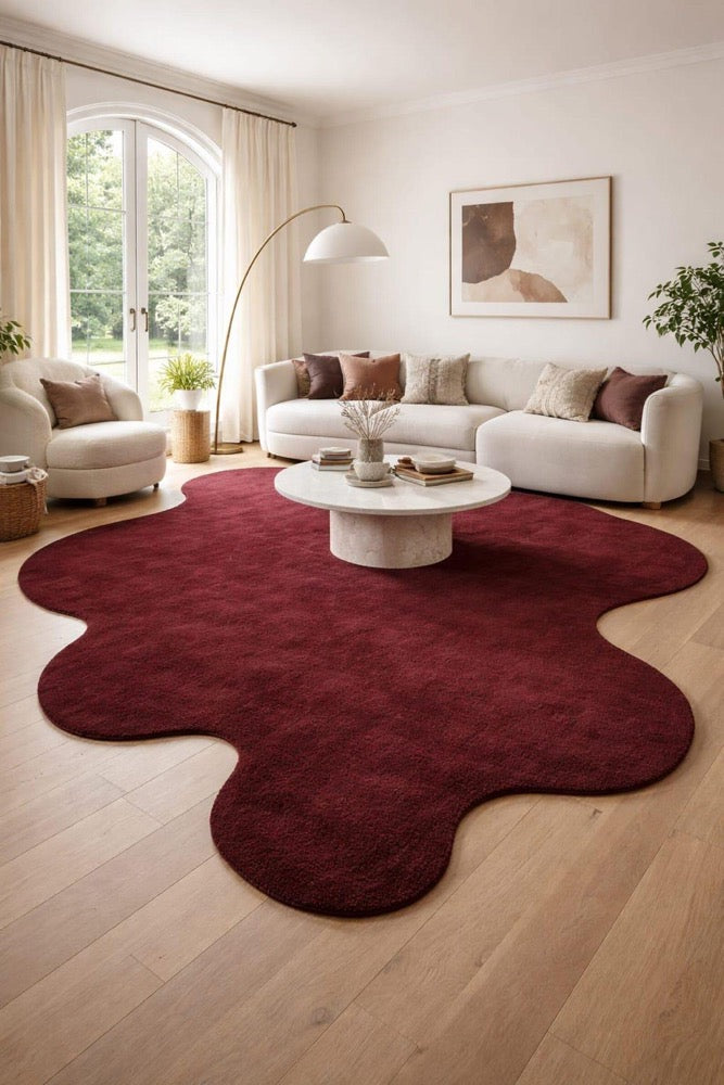 8x10 Irregular Shape Hand Tufted Wool Rug, Burgundy Red Organic Rug, Modern Abstract Area Rug, Statement Living Room Carpet.