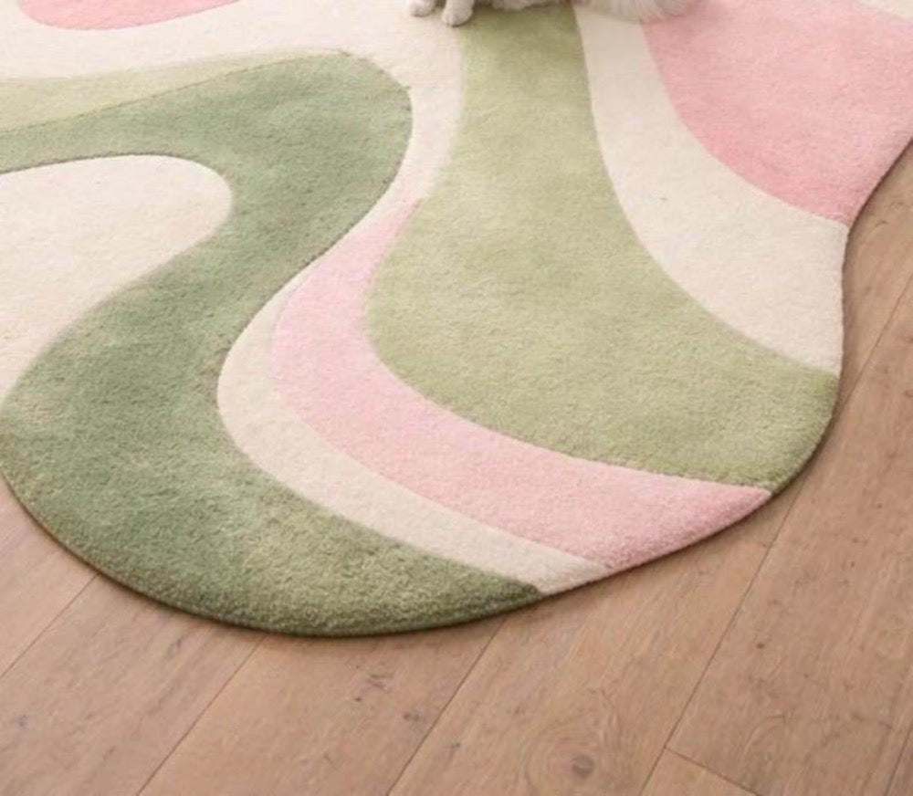 Abstract Wavy Shape Rug, Irregular Pastel Area Rug, Modern Artistic Carpet, Pink Green Cream Rug, Unique Shape Rug, Aesthetic Living Room