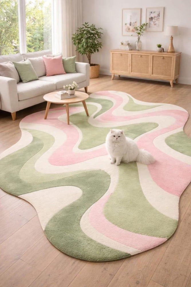 Abstract Wavy Shape Rug, Irregular Pastel Area Rug, Modern Artistic Carpet, Pink Green Cream Rug, Unique Shape Rug, Aesthetic Living Room