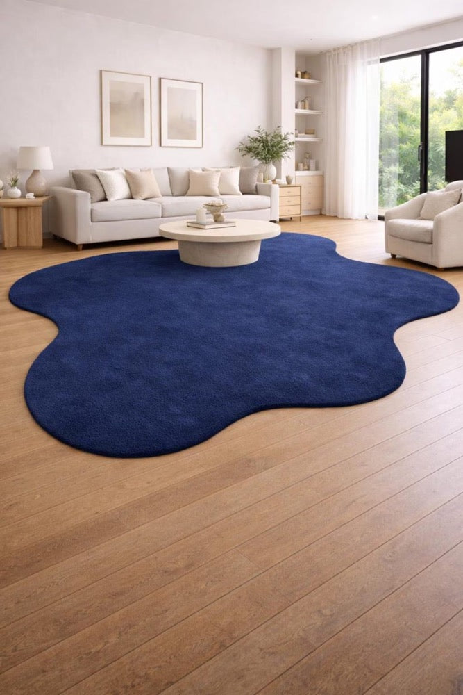 8x10 Navy Blue Organic Shape Rug, Hand Tufted Wool Area Rug, Modern Irregular Carpet, Contemporary Living Room Rug
